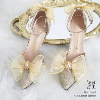 Uniwim French Girl Butterfly Multicolor Lace Bowknot Pearl Sequin Lolita Shoes Pointed Sandals High Heel Victoria Tea Party Cosplay Lol