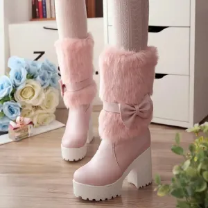 Uniwim High-heeled snow boots female Lolita sweet bow student fur boots  plus cashmere keep warm women shoes cute bowknot kawaii snow