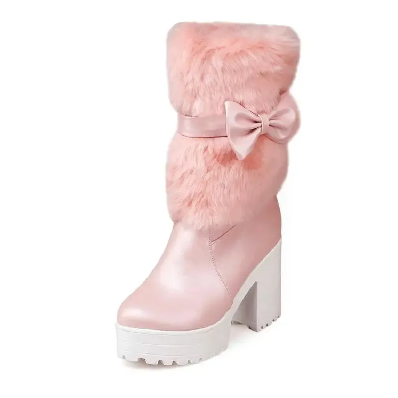 Uniwim High-heeled snow boots female Lolita sweet bow student fur boots  plus cashmere keep warm women shoes cute bowknot kawaii snow