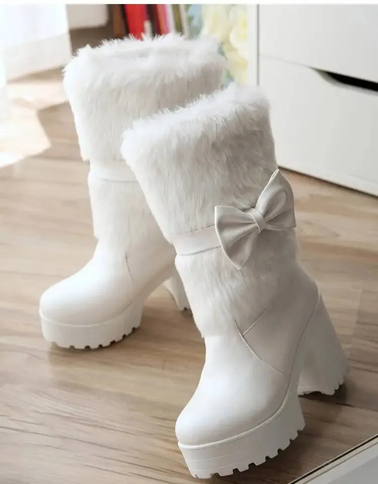 Uniwim High-heeled snow boots female Lolita sweet bow student fur boots  plus cashmere keep warm women shoes cute bowknot kawaii snow