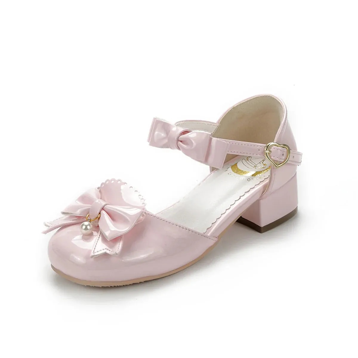 Uniwim Japanese Sweet Lolita Cosplay Girl's Shoes Cute Lolita Round Head Bow Pearl Lotus Leaf Buckle Strap 3-5cm Middle Heel PU Shoes