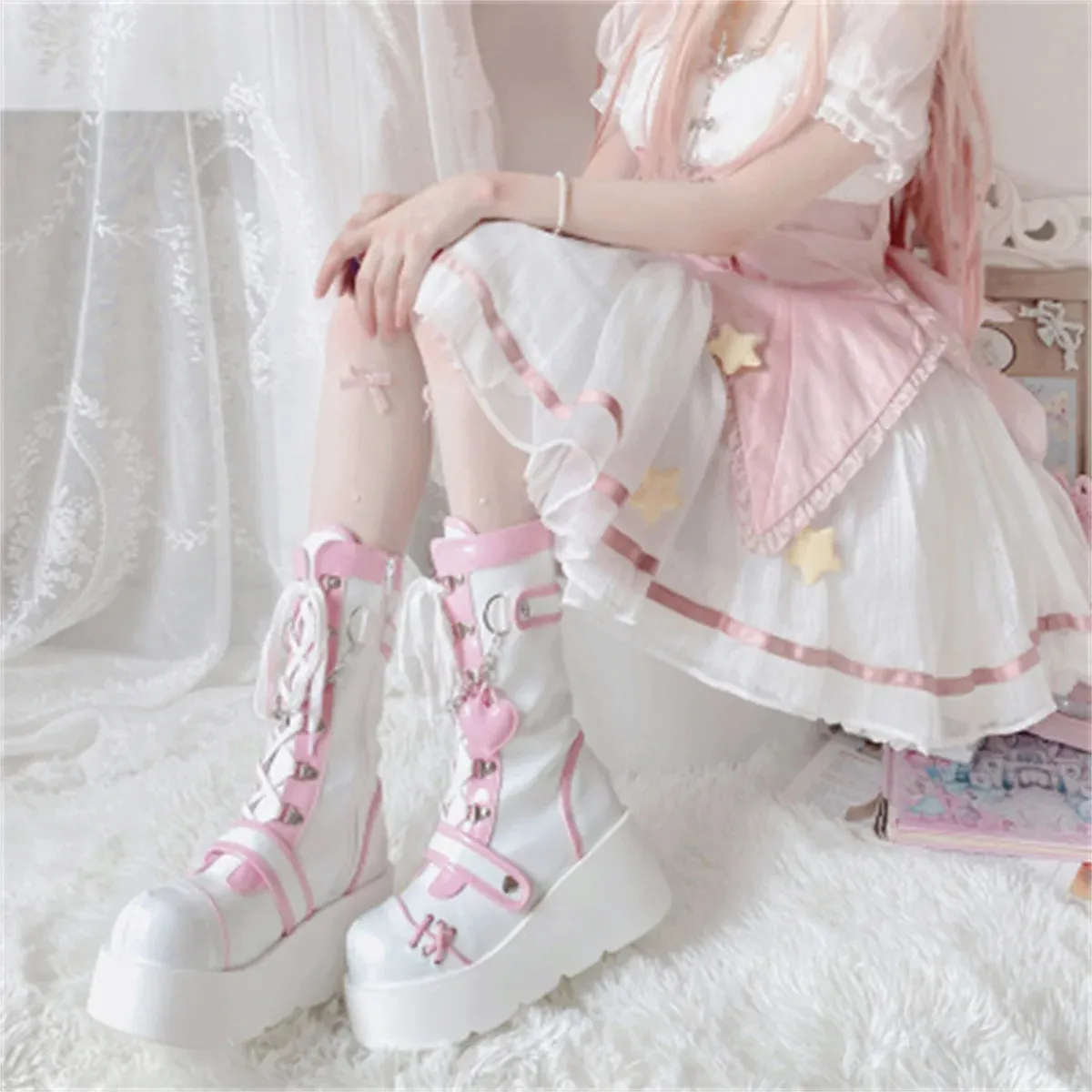 Uniwim Retro Dark Punk Victorian Girl Shoes Lolita Cosplay Round Head Thick Bottom Lacing Strap Metal Chain Love Rivet 4-7cm Boots