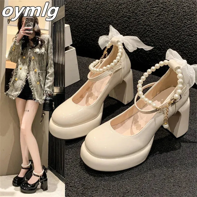 Uniwim Retro Pearl Bow Mary Jane Shoes for Women 2024 Spring Autumn New Collection Thick Heel Round Head Sweet High Heels Single Shoes