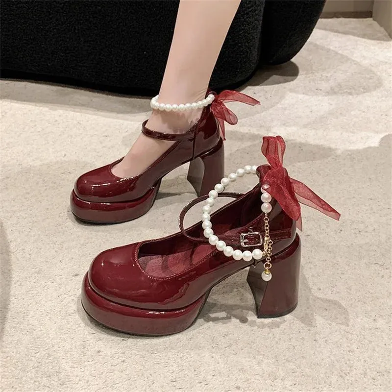 Uniwim Retro Pearl Bow Mary Jane Shoes for Women 2024 Spring Autumn New Collection Thick Heel Round Head Sweet High Heels Single Shoes