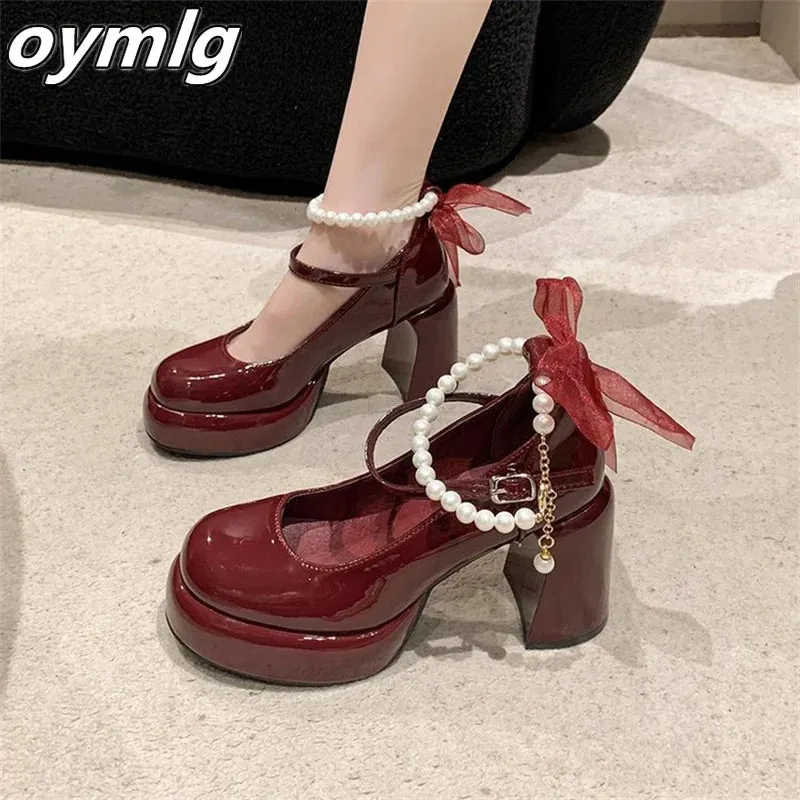 Uniwim Retro Pearl Bow Mary Jane Shoes for Women 2024 Spring Autumn New Collection Thick Heel Round Head Sweet High Heels Single Shoes