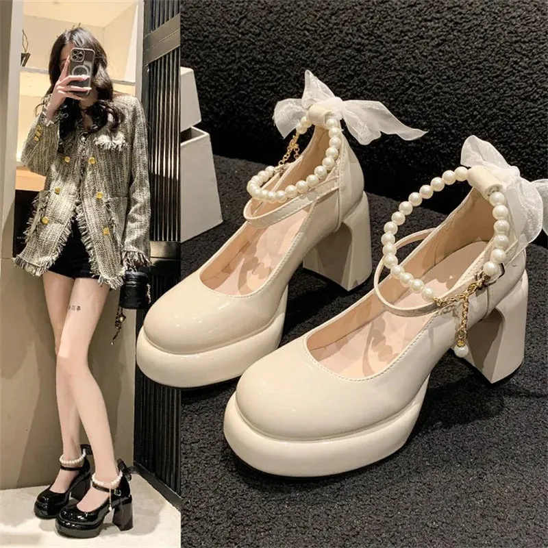 Uniwim Retro Pearl Bow Mary Jane Shoes for Women 2024 Spring Autumn New Collection Thick Heel Round Head Sweet High Heels Single Shoes