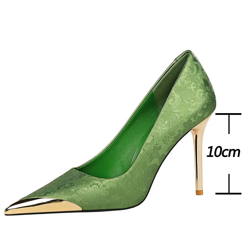 Uniwim Shoes Metal Pointed End Women Pumps Silks Satins High Heels Ethnic Style Women Stilettos Heels 10 Cm Banquet High Heels