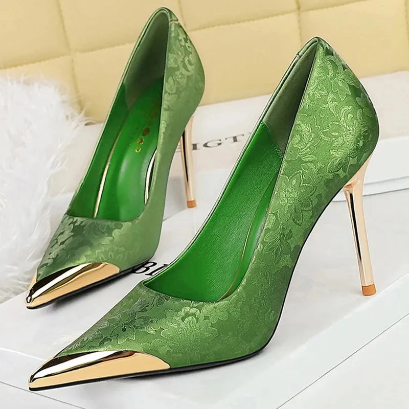 Uniwim Shoes Metal Pointed End Women Pumps Silks Satins High Heels Ethnic Style Women Stilettos Heels 10 Cm Banquet High Heels