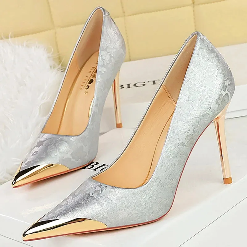 Uniwim Shoes Metal Pointed End Women Pumps Silks Satins High Heels Ethnic Style Women Stilettos Heels 10 Cm Banquet High Heels