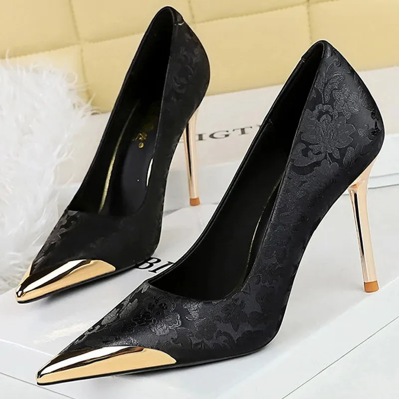 Uniwim Shoes Metal Pointed End Women Pumps Silks Satins High Heels Ethnic Style Women Stilettos Heels 10 Cm Banquet High Heels