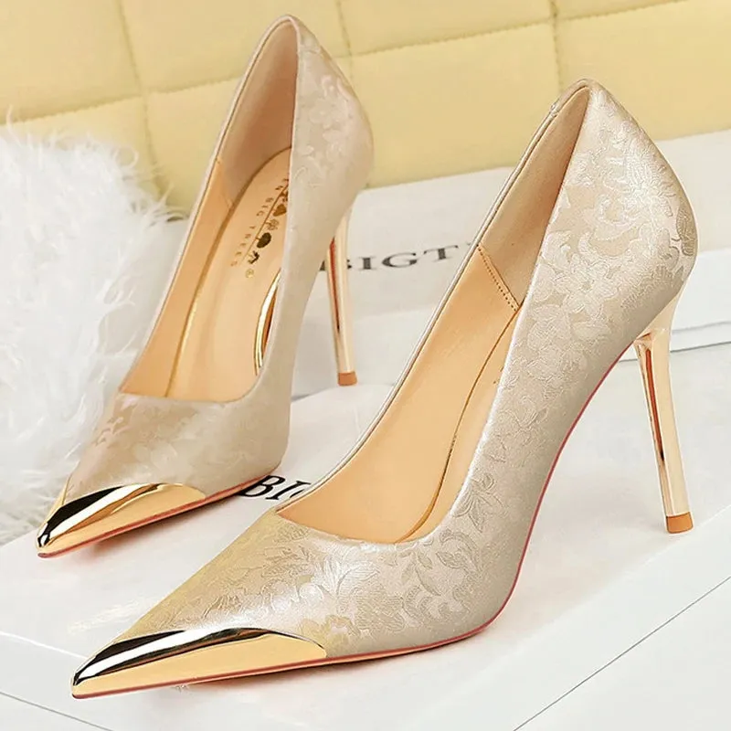 Uniwim Shoes Metal Pointed End Women Pumps Silks Satins High Heels Ethnic Style Women Stilettos Heels 10 Cm Banquet High Heels