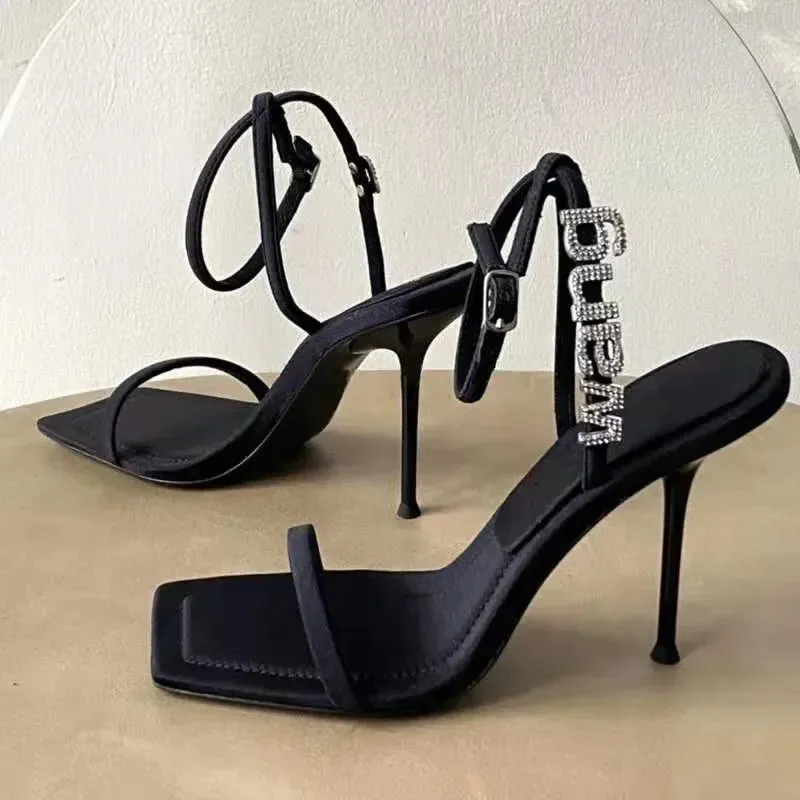 Uniwim Women's sexy black high heels with a line with rhinestones decorated summer new square head stiletto heels comfortable sandals