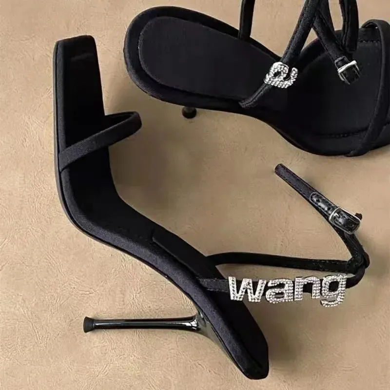 Uniwim Women's sexy black high heels with a line with rhinestones decorated summer new square head stiletto heels comfortable sandals