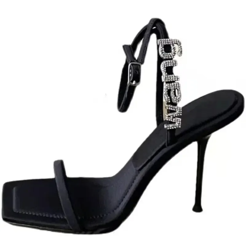 Uniwim Women's sexy black high heels with a line with rhinestones decorated summer new square head stiletto heels comfortable sandals