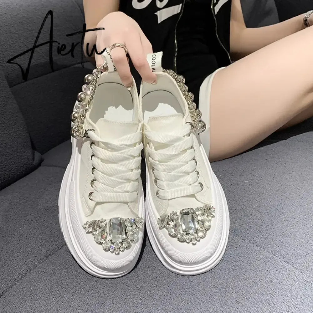 Women Chunky Sneakers Rhinestone Platform Sports Shoes Summer Height Increasing Casual Shoes 7CM High Heels Women Canvas Shoe