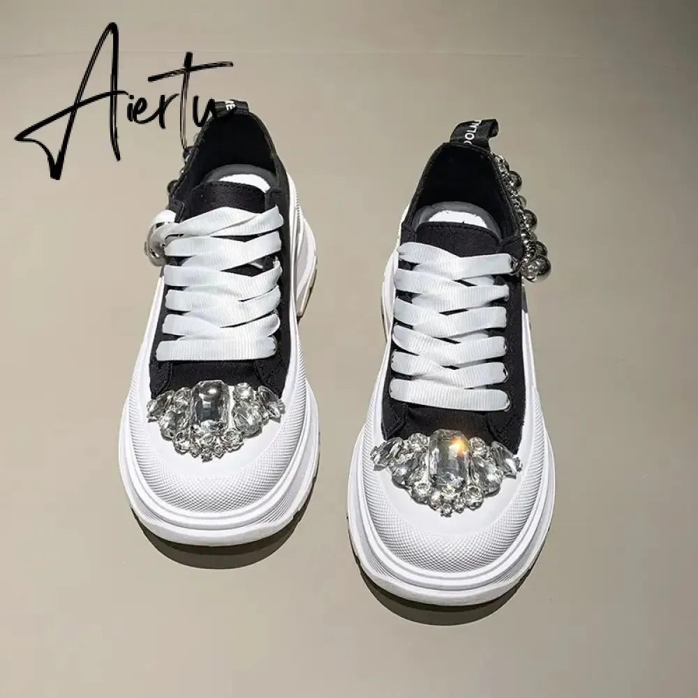 Women Chunky Sneakers Rhinestone Platform Sports Shoes Summer Height Increasing Casual Shoes 7CM High Heels Women Canvas Shoe