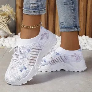 Women's Butterfly Pattern Sneakers - Lace-Up, Breathable Knit Low Top Shoes