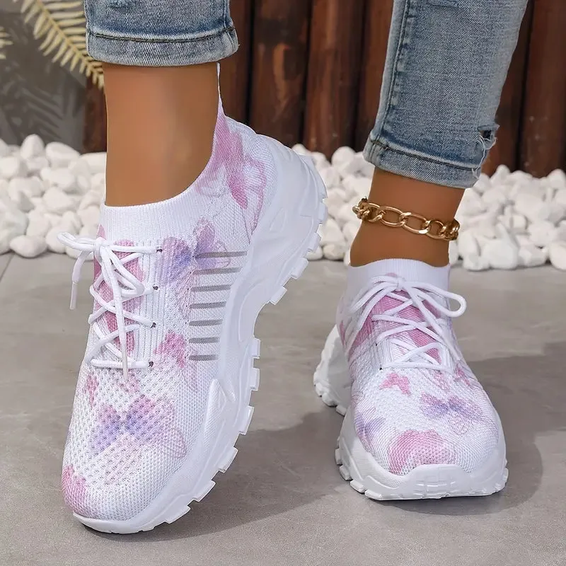 Women's Butterfly Pattern Sneakers - Lace-Up, Breathable Knit Low Top Shoes