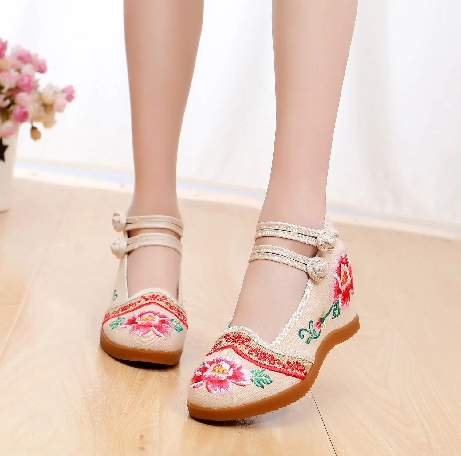 Women's Style Double Buckle Height Increasing Insole Bridal Canvas Shoes