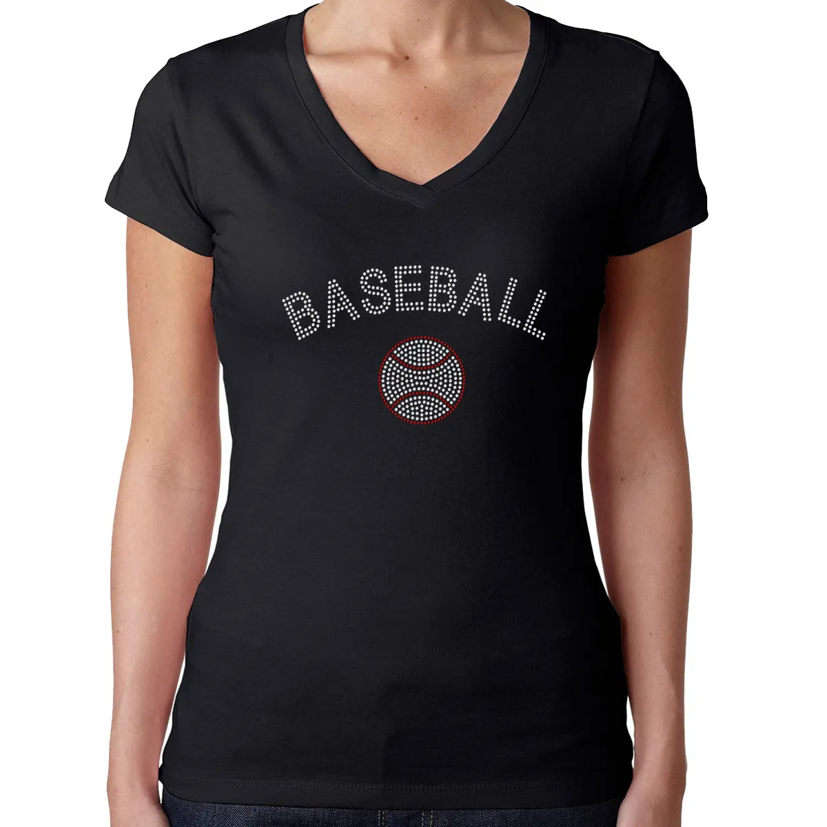 Womens T-Shirt Rhinestone Bling Black Fitted Tee Baseball Crystal Ball Red