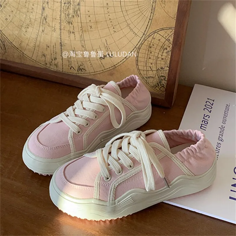 xiangtuibao Beige Casual Women's Sneakers Canvas Shoes Thick Sole Spring Autumn Lace Up  Flats Sneakers Chunky Shoes Sports Female NEW