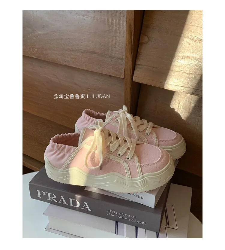 xiangtuibao Beige Casual Women's Sneakers Canvas Shoes Thick Sole Spring Autumn Lace Up  Flats Sneakers Chunky Shoes Sports Female NEW